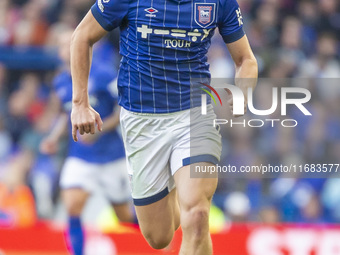 Dara O'Shea of Ipswich Town is on the ball during the Premier League match between Ipswich Town and Everton at Portman Road in Ipswich, Engl...