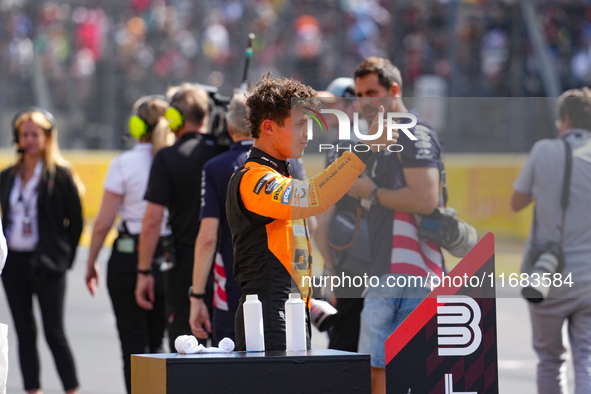 Lando Norris of the UK drives the McLaren F1 Team MCL38 Mercedes during the Formula 1 Pirelli United States Grand Prix 2024 in Austin, USA,...