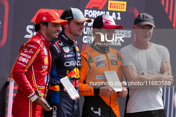 Max Verstappen, Carlos Sainz Jr., Lando Norris, and Sting are present during the Formula 1 Pirelli United States Grand Prix 2024 in Austin,...