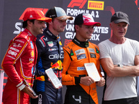 Max Verstappen, Carlos Sainz Jr., Lando Norris, and Sting are present during the Formula 1 Pirelli United States Grand Prix 2024 in Austin,...