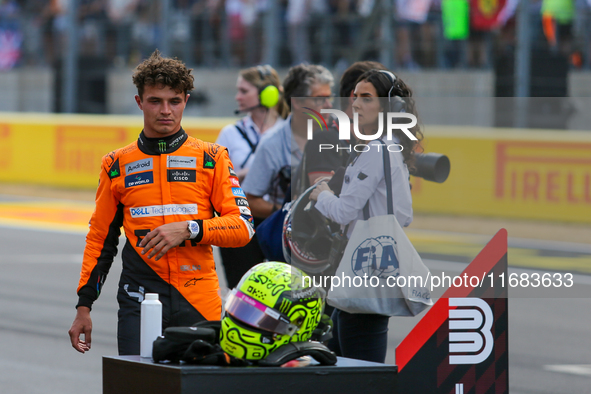 Lando Norris of the UK drives the McLaren F1 Team MCL38 Mercedes during the Formula 1 Pirelli United States Grand Prix 2024 in Austin, USA,...