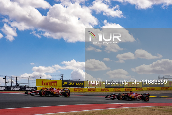 A fight occurs between the two Ferraris of Charles Leclerc of Monaco, driving the (16) Scuderia Ferrari SF-24 Ferrari, and Carlos Sainz Jr....