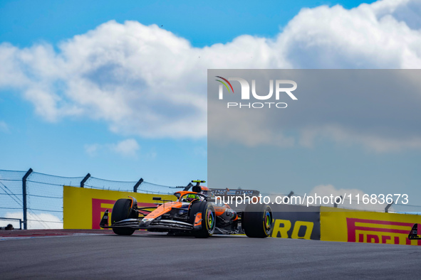 Lando Norris of the UK drives the McLaren F1 Team MCL38 Mercedes during the Formula 1 Pirelli United States Grand Prix 2024 in Austin, USA,...