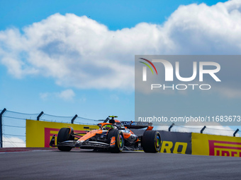 Lando Norris of the UK drives the McLaren F1 Team MCL38 Mercedes during the Formula 1 Pirelli United States Grand Prix 2024 in Austin, USA,...