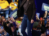 Waterford, MICHIGAN - OCTOBER 18: US Vice President and Democratic presidential candidate Kamala Harris enters the Oakland County campaign r...