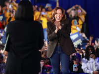 Waterford, MICHIGAN - OCTOBER 18: US Vice President and Democratic presidential candidate Kamala Harris walks onto the stage after being int...