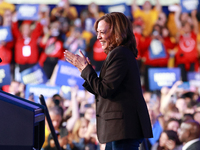 Waterford, MICHIGAN - OCTOBER 18: US Vice President and Democratic presidential candidate Kamala Harris speaks at the Oakland County campaig...