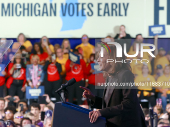 Waterford, MICHIGAN - OCTOBER 18: US Vice President and Democratic presidential candidate Kamala Harris speaks at the Oakland County campaig...