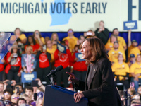 Waterford, MICHIGAN - OCTOBER 18: US Vice President and Democratic presidential candidate Kamala Harris speaks at the Oakland County campaig...