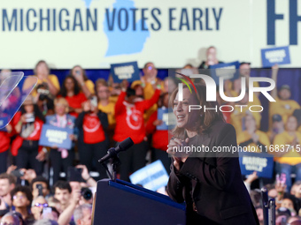 Waterford, MICHIGAN - OCTOBER 18: US Vice President and Democratic presidential candidate Kamala Harris speaks at the Oakland County campaig...