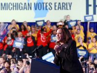 Waterford, MICHIGAN - OCTOBER 18: US Vice President and Democratic presidential candidate Kamala Harris speaks at the Oakland County campaig...