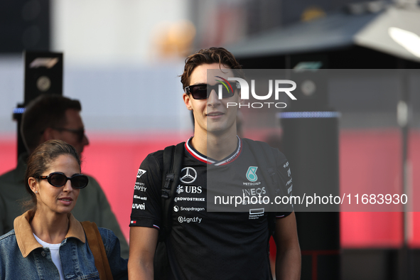 George Russell arrives at Circuit of the Americas in Austin, Texas, on October 19, 2024, during the Formula 1 Pirelli United States Grand Pr...