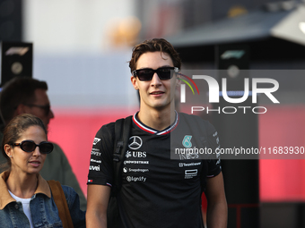 George Russell arrives at Circuit of the Americas in Austin, Texas, on October 19, 2024, during the Formula 1 Pirelli United States Grand Pr...