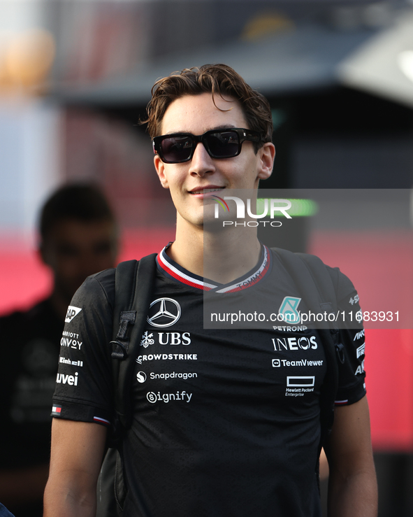 George Russell arrives at Circuit of the Americas in Austin, Texas, on October 19, 2024, during the Formula 1 Pirelli United States Grand Pr...