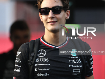 George Russell arrives at Circuit of the Americas in Austin, Texas, on October 19, 2024, during the Formula 1 Pirelli United States Grand Pr...