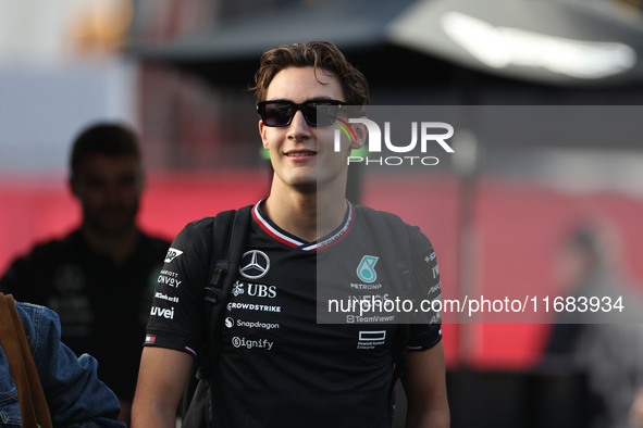 George Russell arrives at Circuit of the Americas in Austin, Texas, on October 19, 2024, during the Formula 1 Pirelli United States Grand Pr...