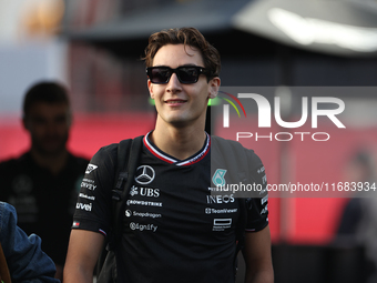 George Russell arrives at Circuit of the Americas in Austin, Texas, on October 19, 2024, during the Formula 1 Pirelli United States Grand Pr...