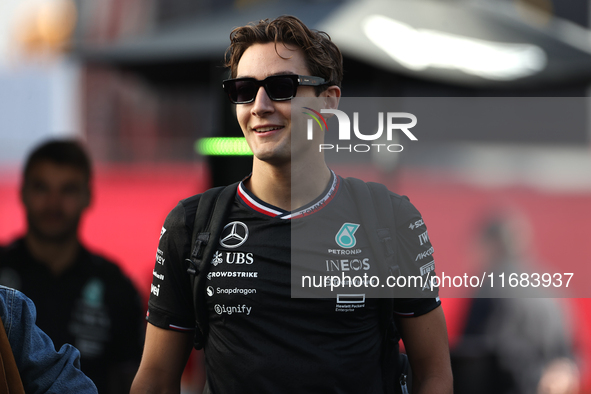 George Russell arrives at Circuit of the Americas in Austin, Texas, on October 19, 2024, during the Formula 1 Pirelli United States Grand Pr...