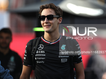 George Russell arrives at Circuit of the Americas in Austin, Texas, on October 19, 2024, during the Formula 1 Pirelli United States Grand Pr...