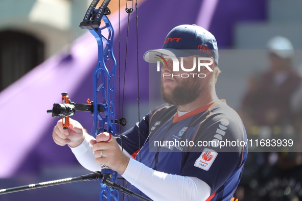 Mike Schloesser of the Netherlands competes against Sawyer Sullivan of the United States (not in picture) during the quarterfinals match on...