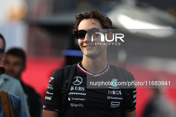 George Russell arrives at Circuit of the Americas in Austin, Texas, on October 19, 2024, during the Formula 1 Pirelli United States Grand Pr...