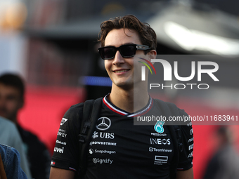 George Russell arrives at Circuit of the Americas in Austin, Texas, on October 19, 2024, during the Formula 1 Pirelli United States Grand Pr...