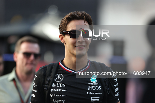 George Russell arrives at Circuit of the Americas in Austin, Texas, on October 19, 2024, during the Formula 1 Pirelli United States Grand Pr...