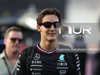 George Russell arrives at Circuit of the Americas in Austin, Texas, on October 19, 2024, during the Formula 1 Pirelli United States Grand Pr...