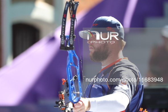 Mike Schloesser of the Netherlands competes against Sawyer Sullivan of the United States (not in picture) during the quarterfinals match on...