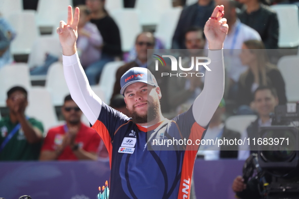 Mike Schloesser of the Netherlands competes against Sawyer Sullivan of the United States (not in picture) during the quarterfinals match on...