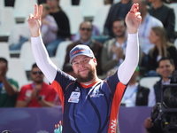 Mike Schloesser of the Netherlands competes against Sawyer Sullivan of the United States (not in picture) during the quarterfinals match on...