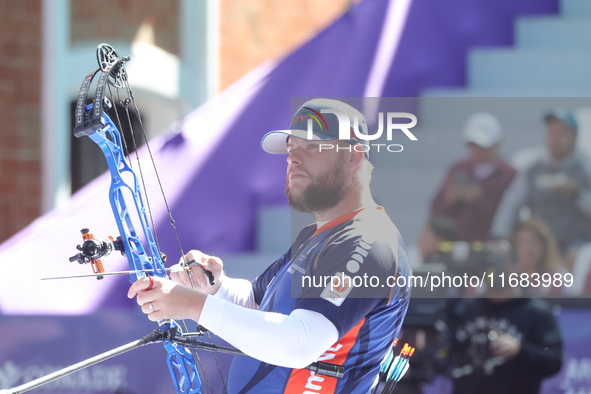 Mike Schloesser of the Netherlands competes against Sawyer Sullivan of the United States (not in picture) during the quarterfinals match on...