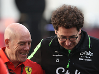 Mattia Binotto speaks to an old colleague as he arrives at Circuit of the Americas in Austin, Texas, on October 19, 2024, during the Formula...