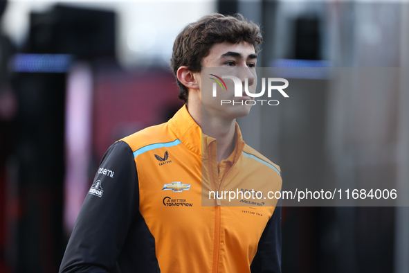 IndyCar driver Nolan Siegel arrives at Circuit of the Americas in Austin, Texas, on October 19, 2024, during the Formula 1 Pirelli United St...