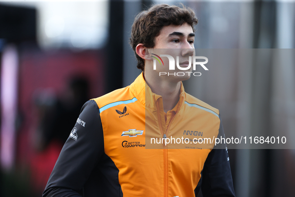 IndyCar driver Nolan Siegel arrives at Circuit of the Americas in Austin, Texas, on October 19, 2024, during the Formula 1 Pirelli United St...