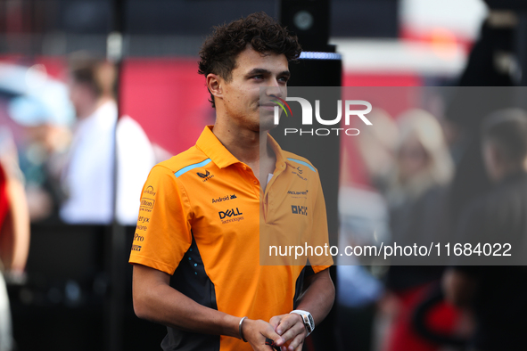 Lando Norris arrives at Circuit of the Americas in Austin, Texas, on October 19, 2024, during the Formula 1 Pirelli United States Grand Prix...