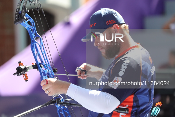 Mike Schloesser of the Netherlands competes against Sawyer Sullivan of the United States (not in picture) during the quarterfinals match on...