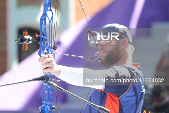 Mike Schloesser of the Netherlands competes against Sawyer Sullivan of the United States (not in picture) during the quarterfinals match on...