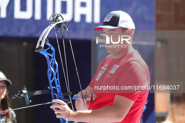 Nico Weiner of Austria competes against James Lutz of the United States (not in picture) during the quarterfinals match on the second day of...