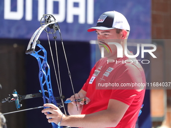 Nico Weiner of Austria competes against James Lutz of the United States (not in picture) during the quarterfinals match on the second day of...