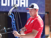 Nico Weiner of Austria competes against James Lutz of the United States (not in picture) during the quarterfinals match on the second day of...