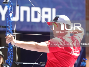 Nico Weiner of Austria competes against James Lutz of the United States (not in picture) during the quarterfinals match on the second day of...