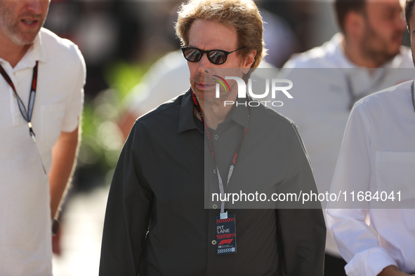 Movie producer Jerry Bruckheimer walks through the paddock at Circuit of the Americas in Austin, Texas, on October 19, 2024, during the Form...