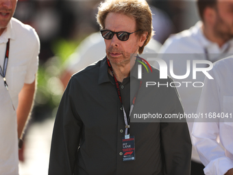 Movie producer Jerry Bruckheimer walks through the paddock at Circuit of the Americas in Austin, Texas, on October 19, 2024, during the Form...