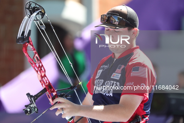 James Lutz of the United States competes against Nico Weiner of Austria (not in picture) during the quarterfinals match on the second day of...