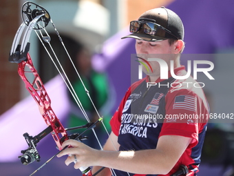 James Lutz of the United States competes against Nico Weiner of Austria (not in picture) during the quarterfinals match on the second day of...