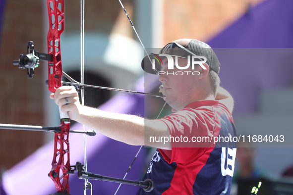 James Lutz of the United States competes against Nico Weiner of Austria (not in picture) during the quarterfinals match on the second day of...