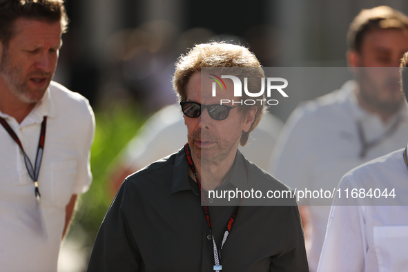 Movie producer Jerry Bruckheimer walks through the paddock at Circuit of the Americas in Austin, Texas, on October 19, 2024, during the Form...