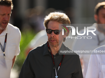 Movie producer Jerry Bruckheimer walks through the paddock at Circuit of the Americas in Austin, Texas, on October 19, 2024, during the Form...