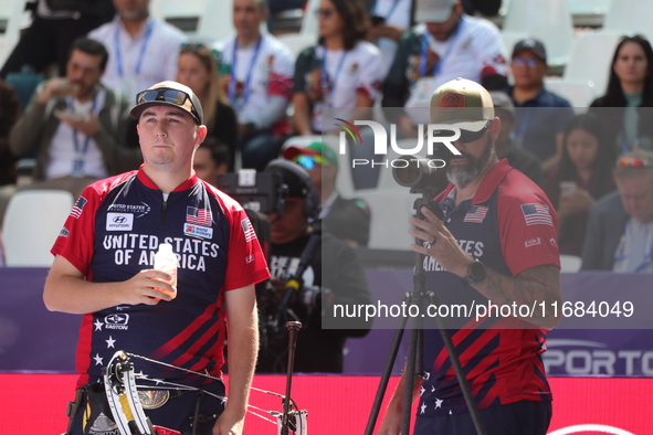 James Lutz of the United States competes against Nico Weiner of Austria (not in picture) during the quarterfinals match on the second day of...